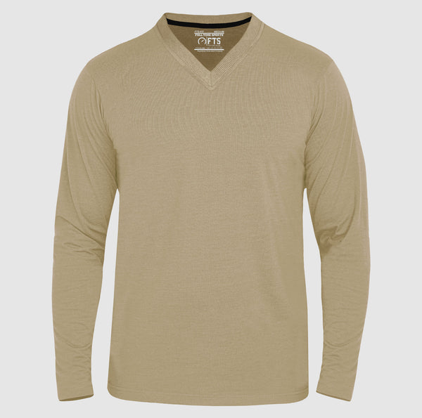 Beige long-sleeve shirt on a light gray background