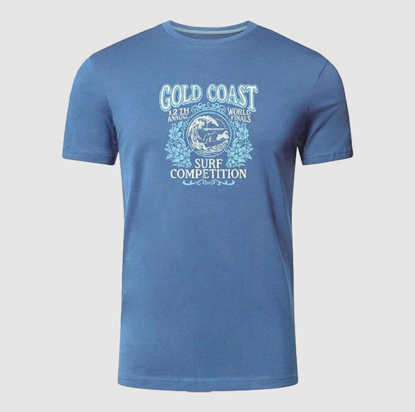 Blue t-shirt with 'Gold Coast Surf Competition' text and graphic on a light gray background