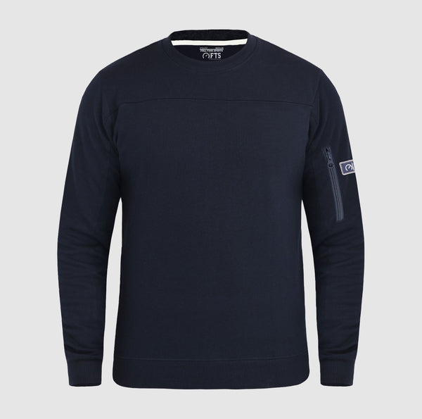 Round Neck Sweatshirts Navy Blue Arm Pocket Zipper Collar Jumpers